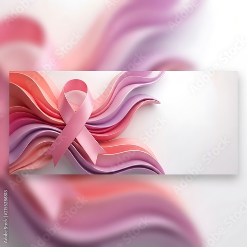 Elegant pink ribbon awareness icon on flowing layered waves background representing breast cancer advocacy and medical support.