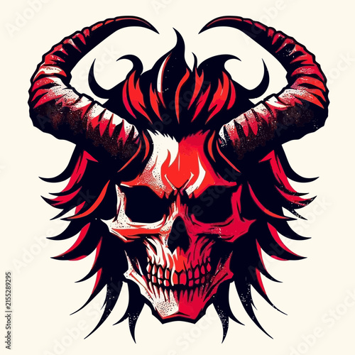 A stylized graphic illustration of a horned skull with fiery red hair and a split color design, evoking a demonic or heavy metal aesthetic.