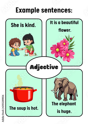Foto Engaging educational graphic for teaching English adjectives, featuring simple s