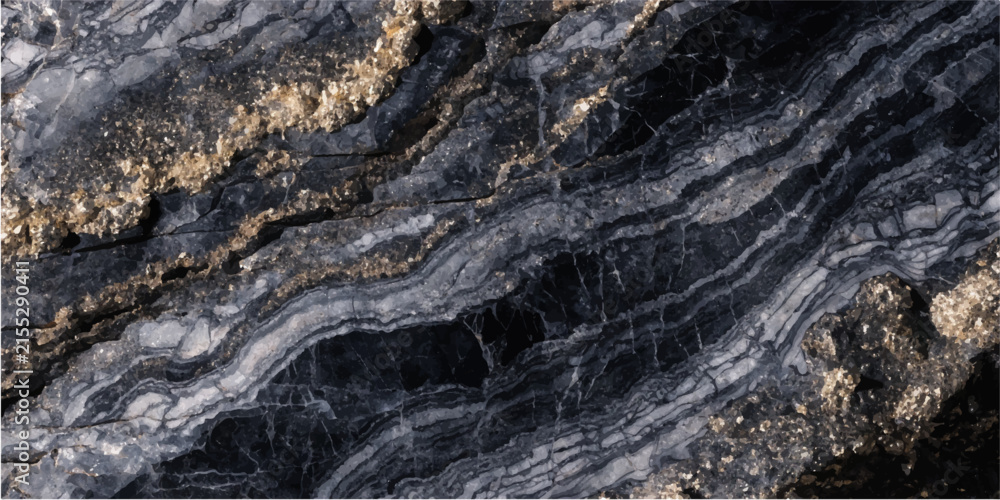 Naklejka premium Elegant Black Marble Texture with Gold Veins and Dark Grey Mineral Swirls Vector Background