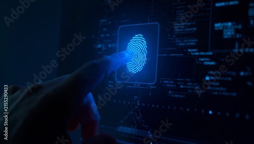 Digital fingerprint authentication system scanning human finger on screen