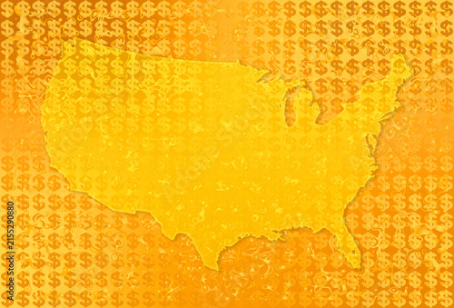 アメリカ合衆国の地図シルエットが浮かびあがる米国ドル通貨柄の金屏風背景イメージ