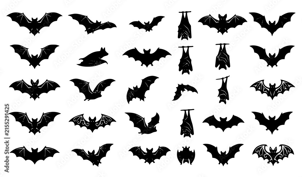 Fototapeta premium Bat silhouette vector collection with flying hanging and decorative winged bat shapes for Halloween logos and graphic design