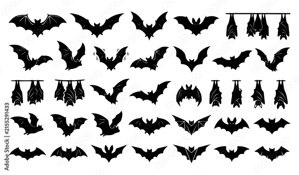 Fototapeta premium Black bat silhouette illustration set with diverse flying wing shapes for Halloween decoration logos stickers and branding