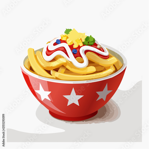 Canadian poutine vector fries with gravy and cheese in red bowl