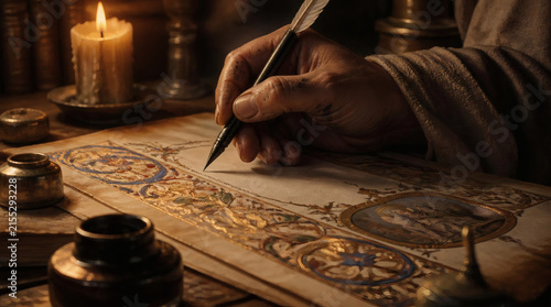 Medieval Scribe Carefully Writing with Quill in Candlelit Study
