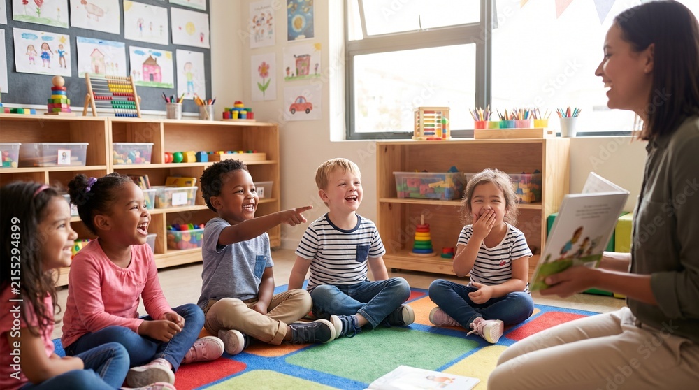 Obraz premium Joyful Diverse Preschool Children Laughing While Listening to Storytime in Bright Classroom