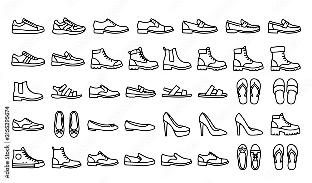 Obraz premium Premium men and women footwear line icon collection with shoes boots sneakers and heels