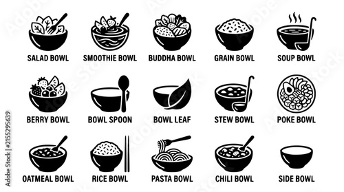 Various food bowls vector graphic icons set for culinary design projects