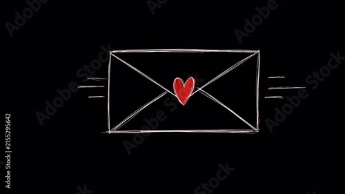 Hand drawn sketch of flying love letter envelope with red heart video frame isolated on transparent background alpha channel