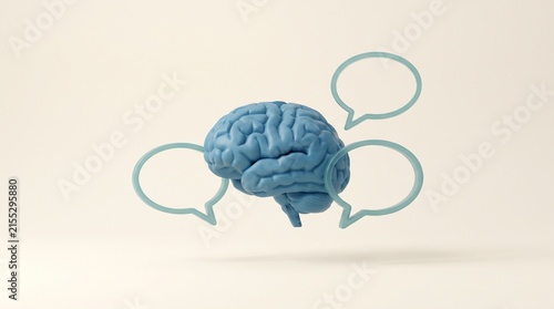 Blue human brain model surrounded by speech bubbles representing thought process, communication, and mental activity concept on neutral background
