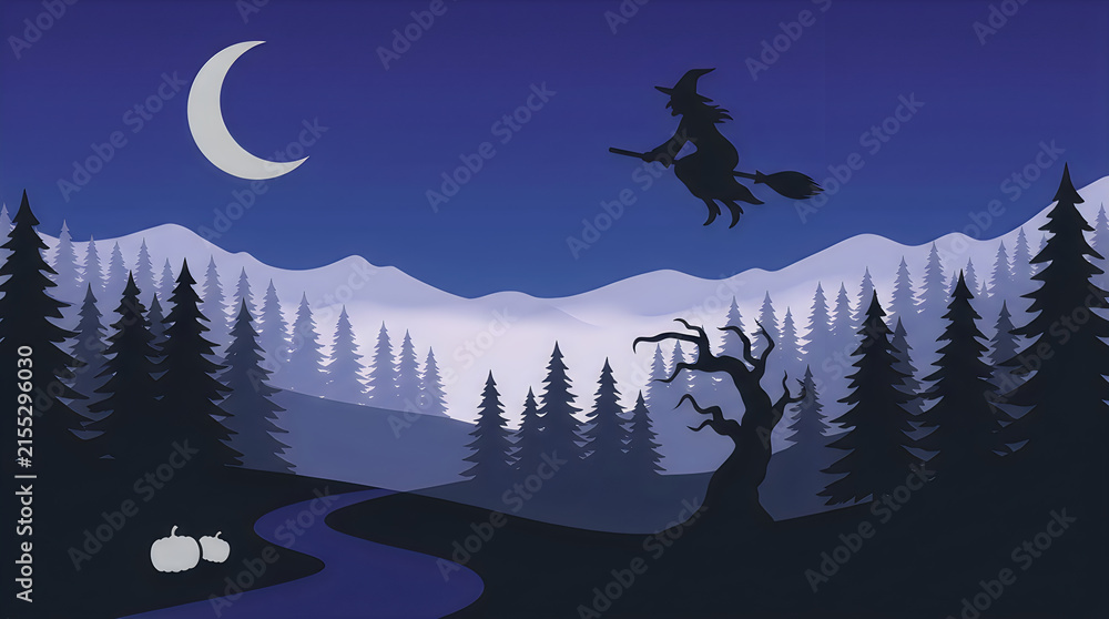 Naklejka premium Halloween witch flying on broomstick over spooky forest landscape, vector illustration of night scene with moon, pumpkins, pine trees, mountains, and winding path Halloween