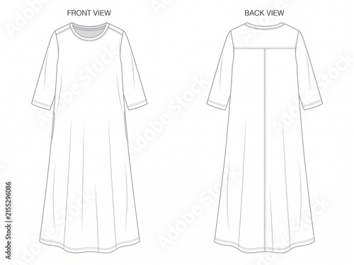 Three-Quarter Sleeve Modest Maxi Dress Technical Flat Sketch Front and Back View Vector Line Art