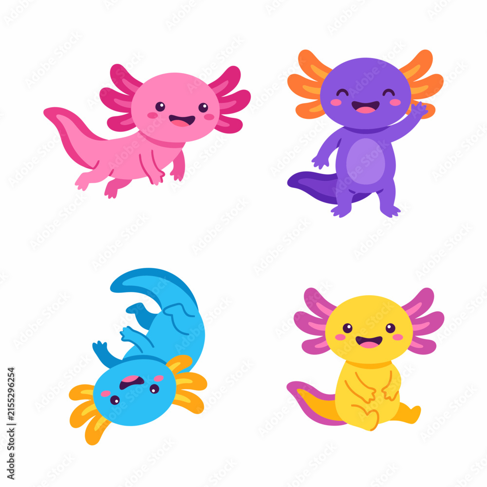 Naklejka premium Flat vector illustration set of cute axolotl salamander aquatic characters