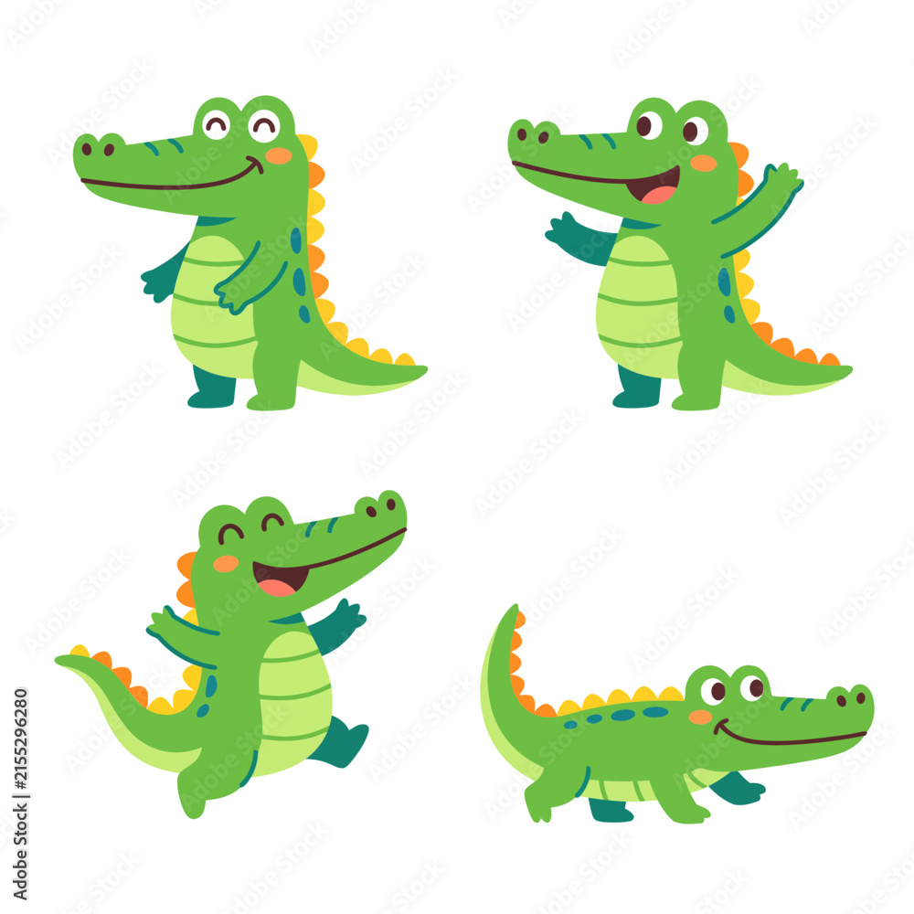 Fototapeta premium Flat vector illustration set of cute crocodile alligator reptile characters