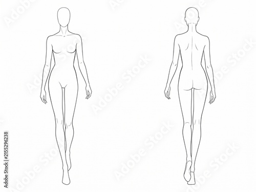 Female Figure Model Standing Pose Front and Back View Vector Fashion Sketch Croquis Line Art