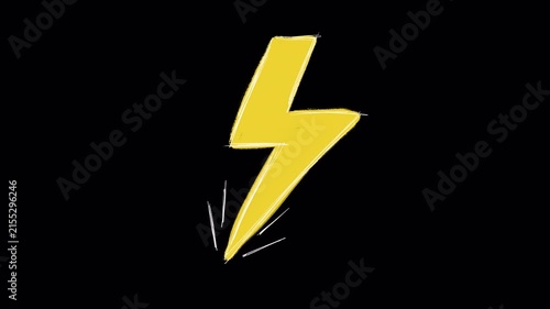 Hand drawn sketch of lightning bolt striking flash video frame isolated on transparent background alpha channel