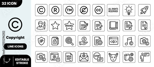 Copyright and intellectual property line icon set for legal protection with copyright