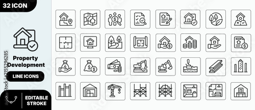 Property development line icon set for real estate and construction projects with property