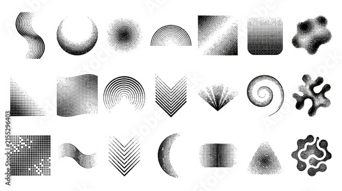 Unique set of abstract halftone dot graphic elements in a single wide composition