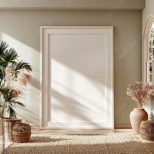 Empty vertical wooden picture frame