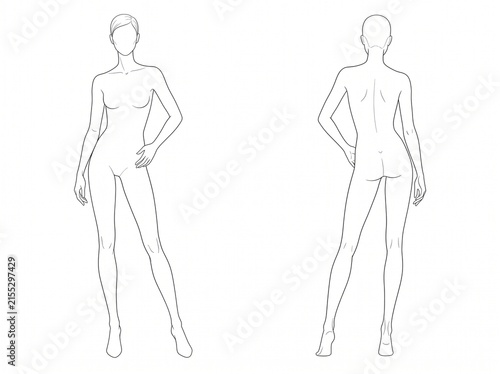 Standing Female Model Croquis Front and Back View Vector Technical Line Art Drawing Template