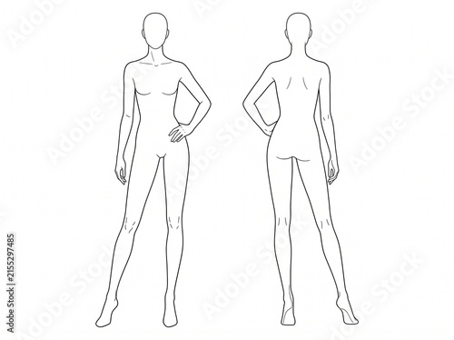 Female Fashion Model Croquis One Hand on Hip Front and Back View Vector Drawing Template