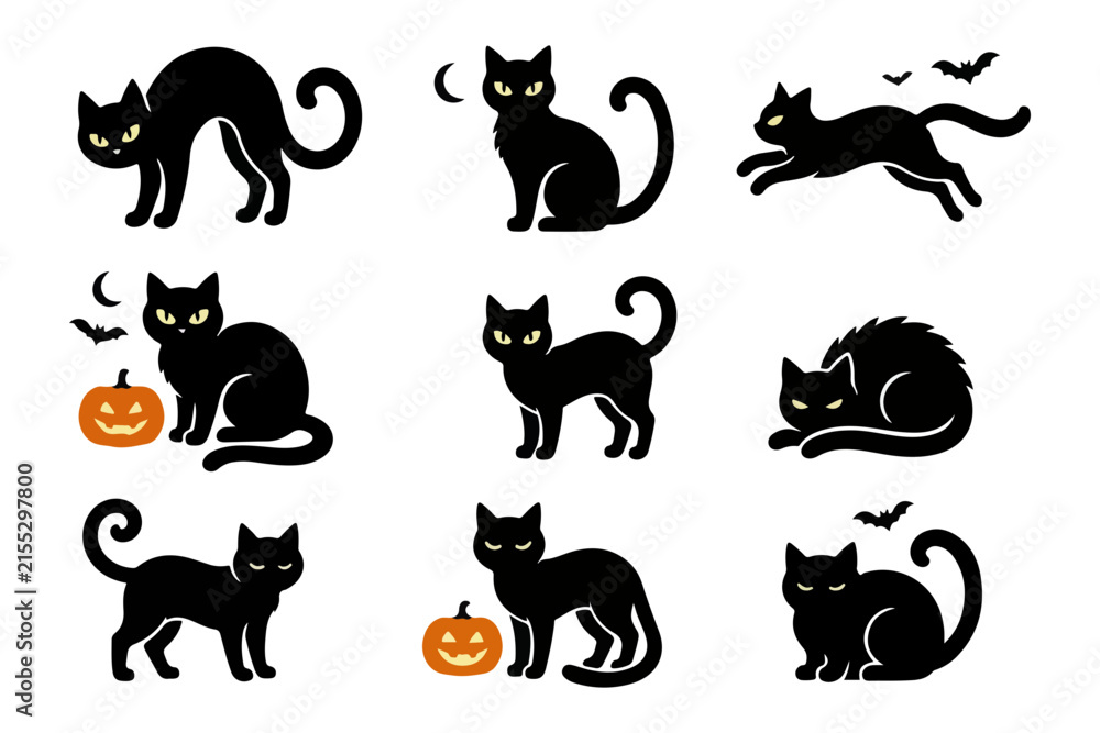 Obraz premium Black Cat Silhouette Collection Featuring Cute Halloween and Witchcraft Animal Icons