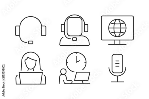 Line icons about call center. Contains such icons as support, call center, telephone, mike and talking. Editable stroke.