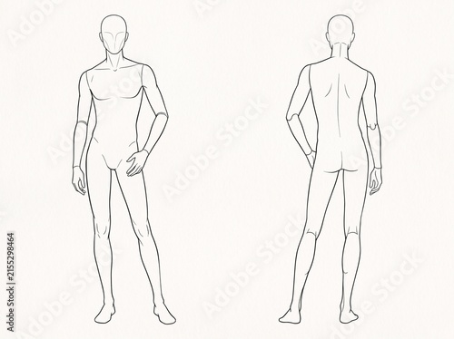 Male Body Figure Outline Front and Back View Croquis Vector Technical Sketch Template for Apparel Design