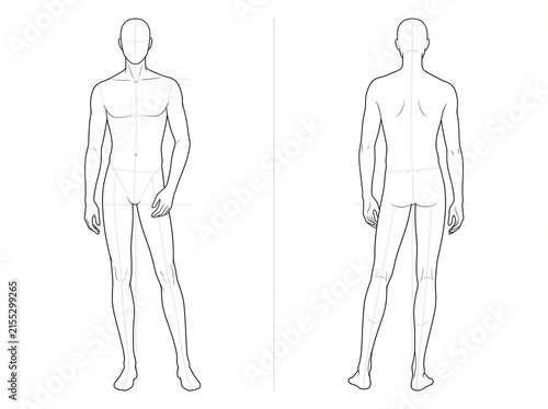 Front and Rear View Standing Male Model Croquis Vector Technical Line Art Template for Fashion Sketch