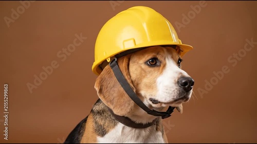 Cute Beagle Dog Wearing Yellow Construction Hard Hat Looking Around Studio