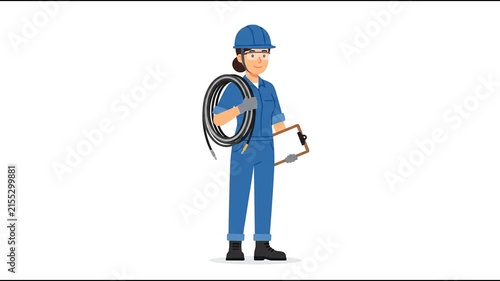 Electrician worker holding cable roll and clipboard in blue uniform