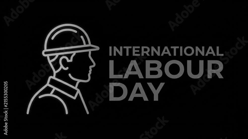International Labour Day graphic animation with construction worker silhouette and bold text on dark background