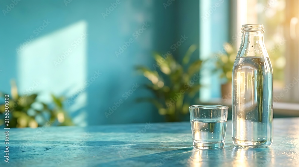 Obraz premium A clear glass bottle and a small glass of pure, refreshing water, illuminated by soft morning sunlight in a serene kitchen, promoting healthy hydration
