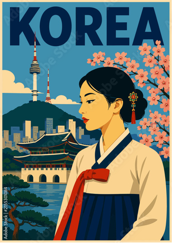 097-39-Korean woman in traditional hanbok with seoul skyline, n seoul tower, palace, and cherry blossoms