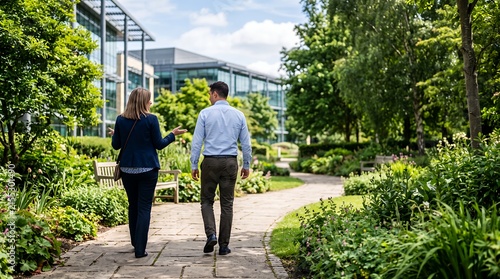 Professional Colleagues Discussing Ideas While Walking in a Green Corporate Park.