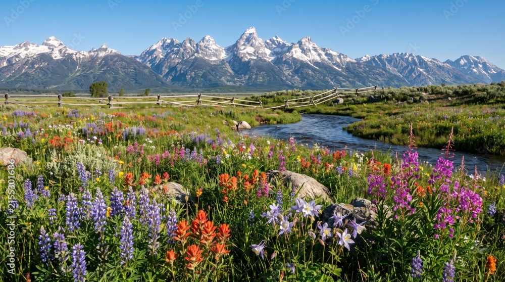 Fototapeta premium Vibrant wildflowers blooming in a lush green valley with epic snow-capped mountains in the background.