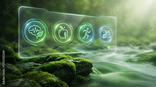 Digital Wellness Interface displaying Health Icons over Natural River and Mossy Rocks