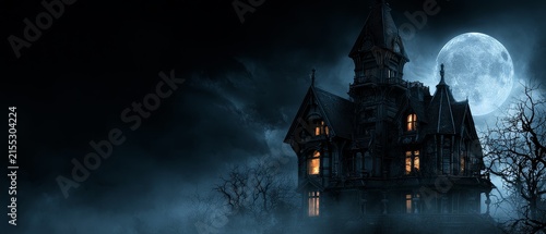 Eerie halloween banner featuring a creepy haunted house and illuminated jack o lanterns beneath a bright full moon