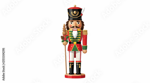 A festive traditional wooden nutcracker soldier dressed in a bright red and green uniform stands tall during the winter holiday season to bring classic cheer into every home across the entire