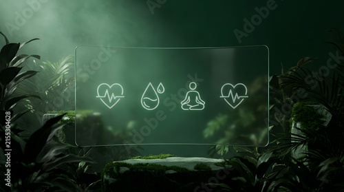 Futuristic Glass HUD Screen with Health Icons on Stone Podium in Dark Botanical Environment