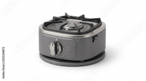 Single burner portable camping gas stove with adjustable knob isolated on a clean white background