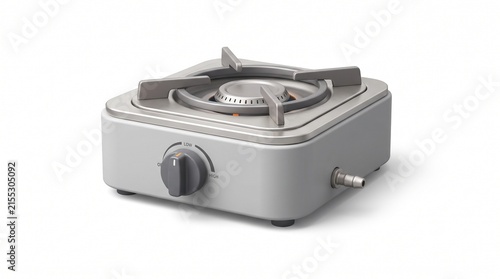 Modern compact silver gas stove burner with rotary control knob for camping and home cooking on white background