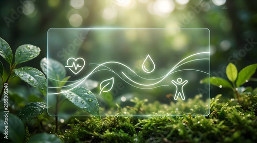 Futuristic Green Technology Interface displaying Eco Health Icons over Fresh Wet Leaves