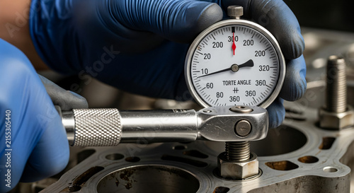 Plakat Mechanic using torque wrench and angle gauge on engine part