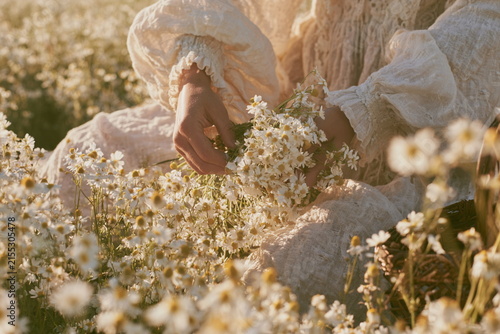 Woman gathering white daisies in a sunlit garden, with soft flowers, green leaves and a flowing light dress creating a romantic summer countryside scene.