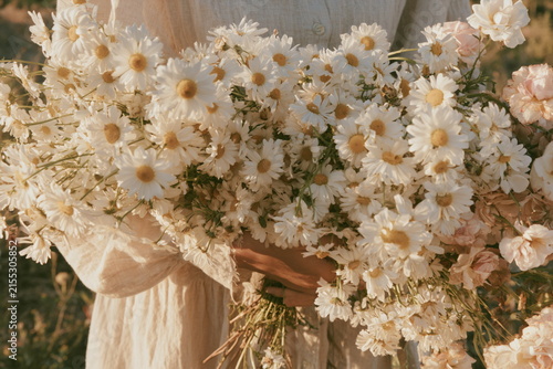 Delicate bouquet of white daisies in warm golden light, with soft petals and green stems creating a dreamy rustic floral scene for spring or summer.
