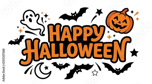 Festive happy halloween typography design featuring a carved jack o lantern ghost bats and crescent moon elements on a clean white background backdrop