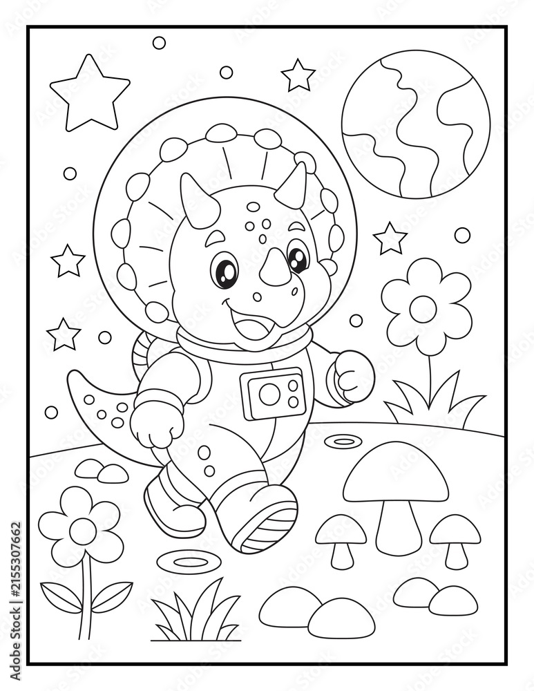 Fototapeta premium Easy Baby Triceratops Exploring an Alien Garden Coloring Page for Kids. Cute Printable Dinosaur Space Adventure Coloring Book Illustration.